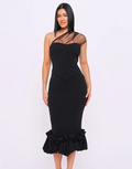 Black One-Shoulder Corset Midi Dress