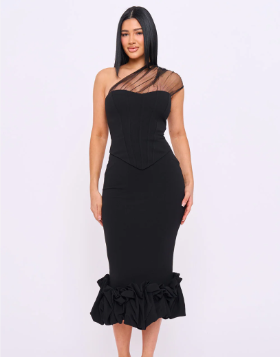 Black One-Shoulder Corset Midi Dress