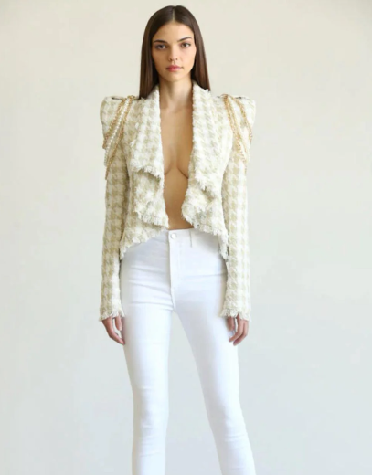 Tweed Chain-Shoulder Cropped Jacket