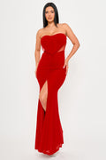 Red Strapless Ruched Maxi Dress