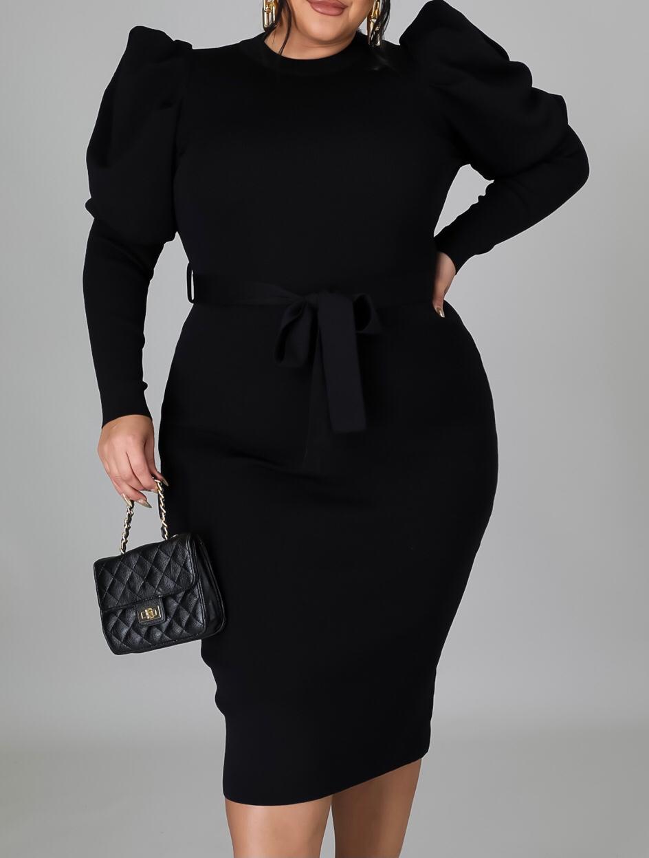 Elegant Puff-Sleeve Bodycon Midi Dress
