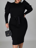 Elegant Puff-Sleeve Bodycon Midi Dress