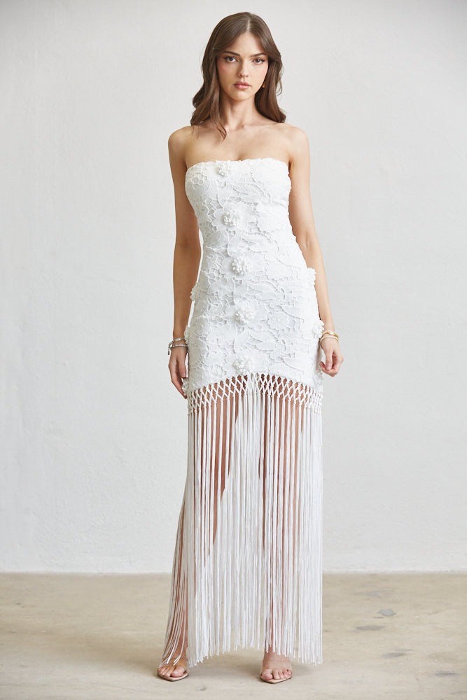 White Dream Fringe Dress
Luxe Lace Tassel Gown