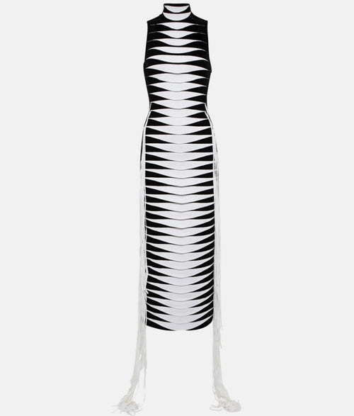 Black & White Cutout Fringe Maxi Dress MASSAVELT Black & White Cutout Fringe Maxi Dress MASSAVELT