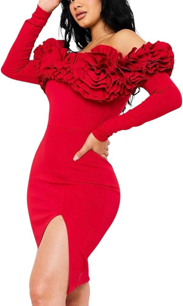 Red Off-Shoulder Ruffle Slit Dress