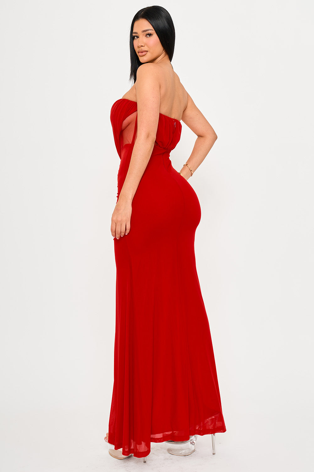 Red Strapless Ruched Maxi Dress