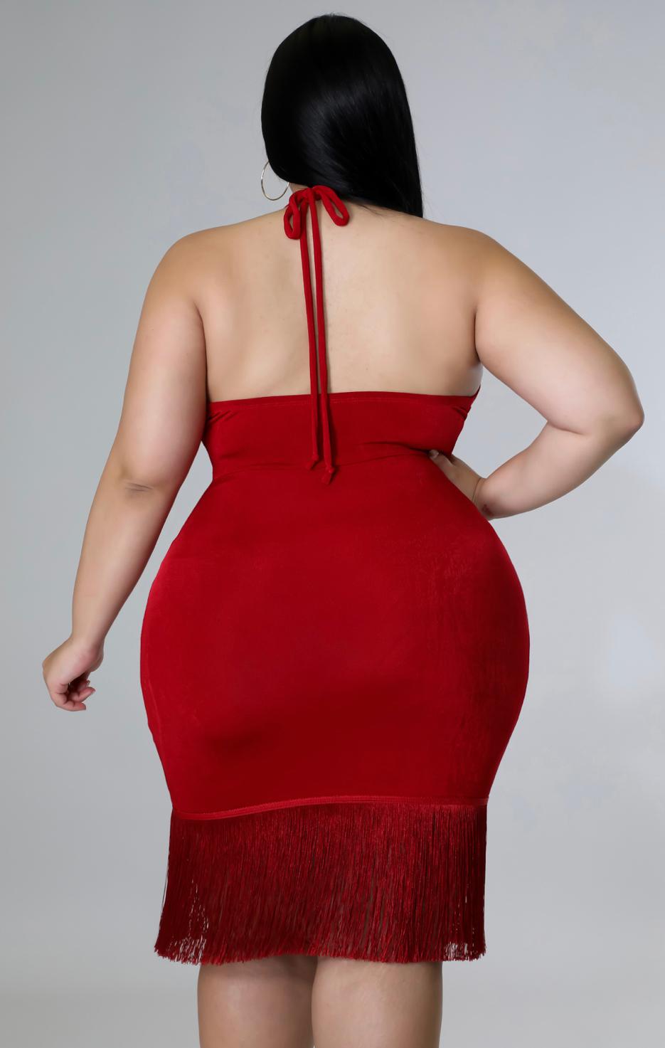 Red Halter Fringe Bodycon Dress