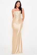 MASSAVELT Champagne Crystal Mermaid Maxi Dress