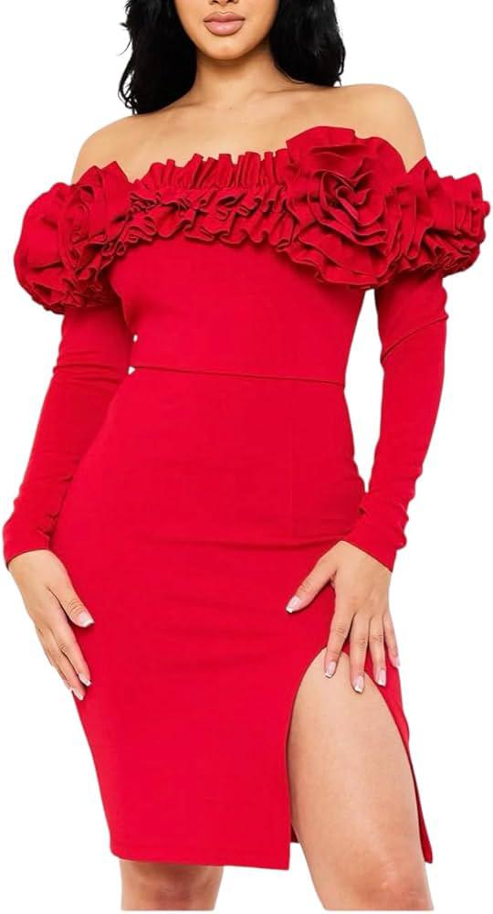Red Off-Shoulder Ruffle Slit Dress