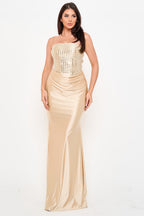 MASSAVELT Champagne Crystal Mermaid Maxi Dress