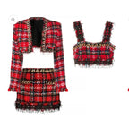 Red Tweed Chain-Trim Three-Piece Set