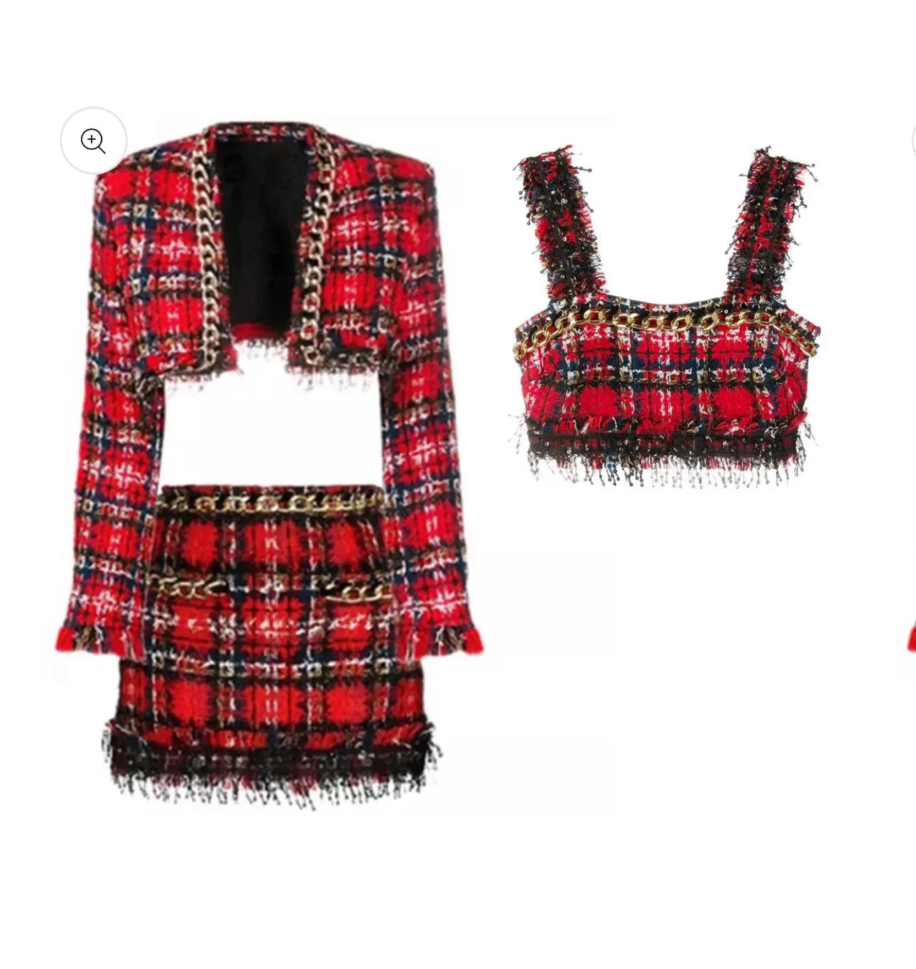 Red Tweed Chain-Trim Three-Piece Set