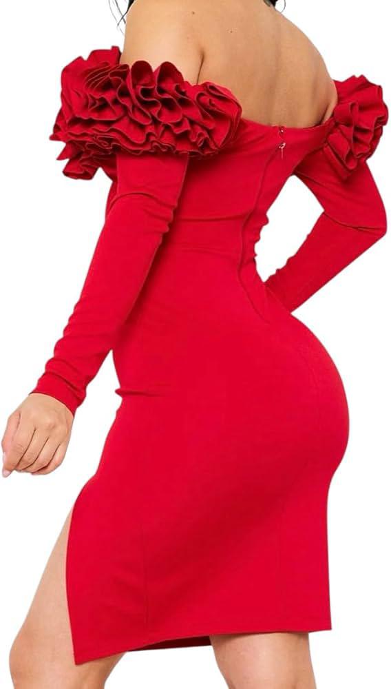Red Off-Shoulder Ruffle Slit Dress