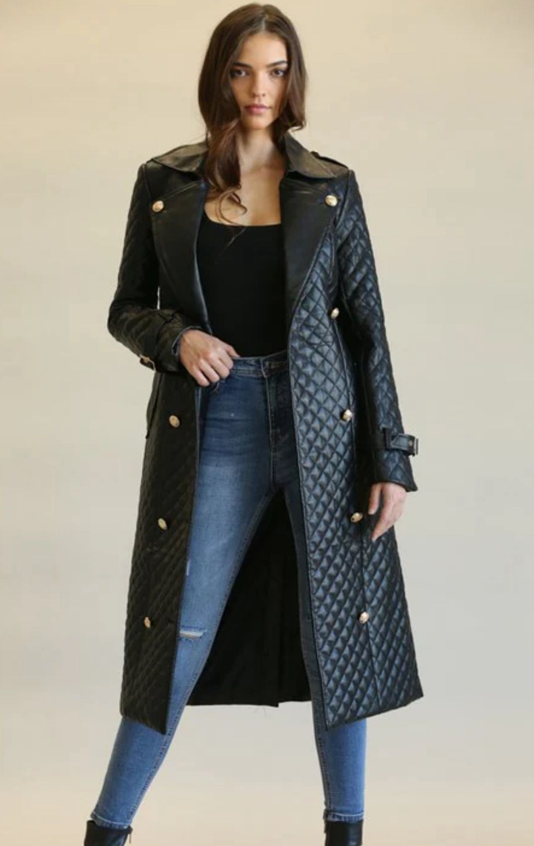 Classic Black Quilted Midi Coat