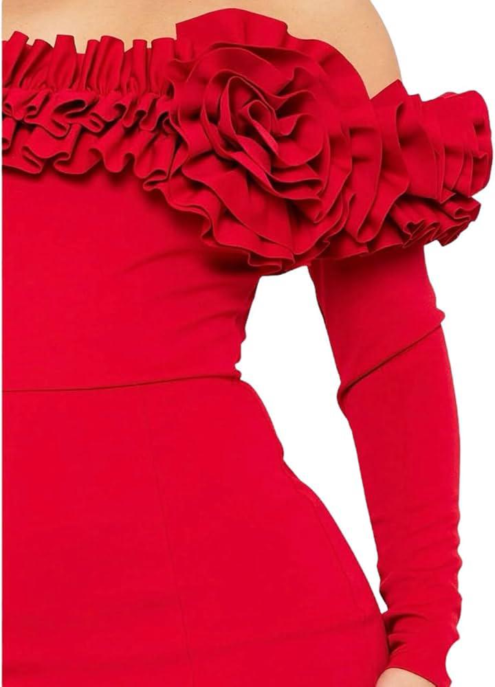 Red Off-Shoulder Ruffle Slit Dress