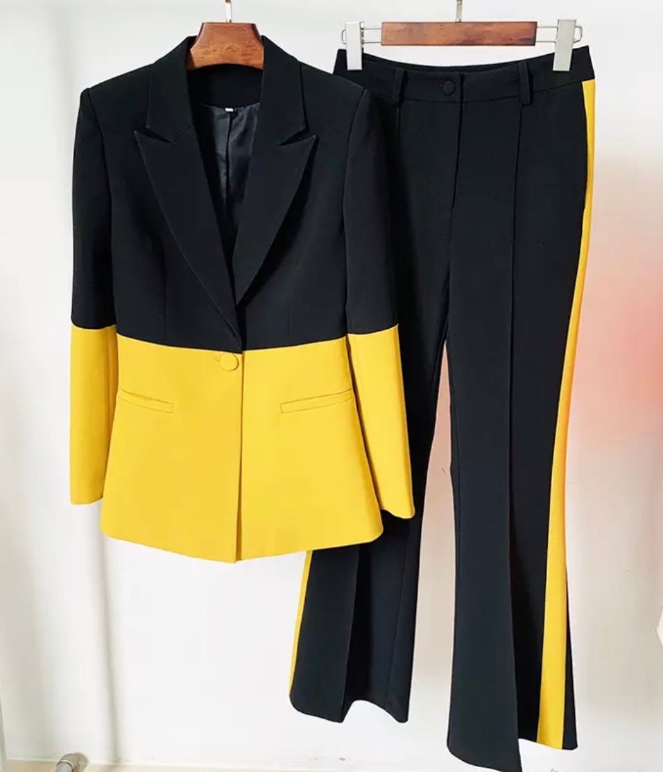 Elegant Black & Gold Colorblock Blazer Pants Set.