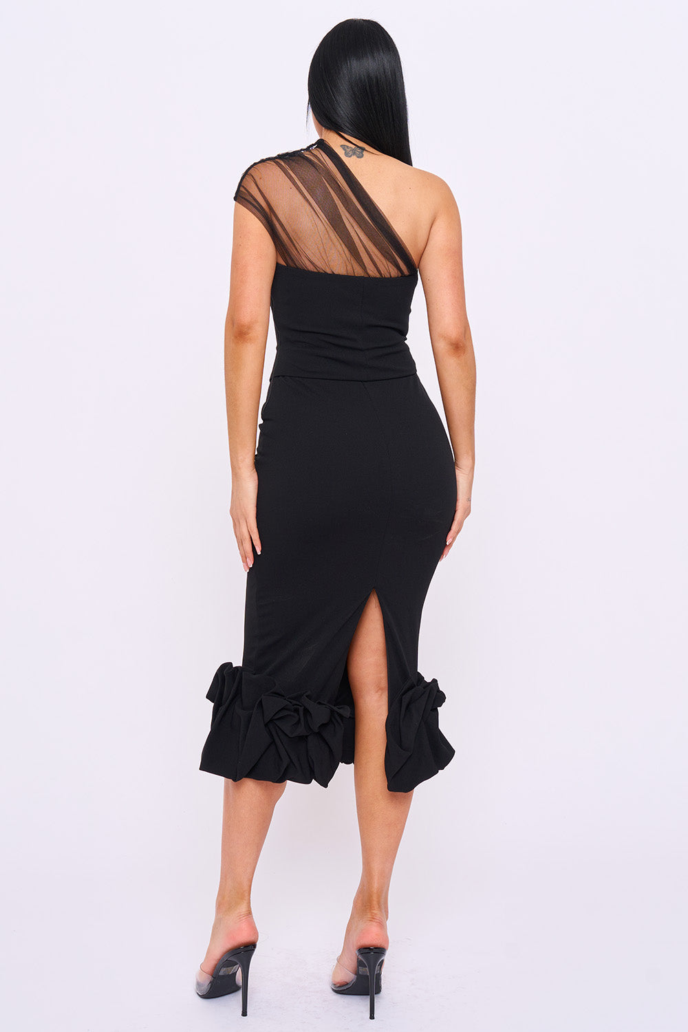 Black One-Shoulder Corset Midi Dress