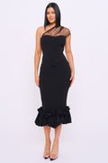Black One-Shoulder Corset Midi Dress