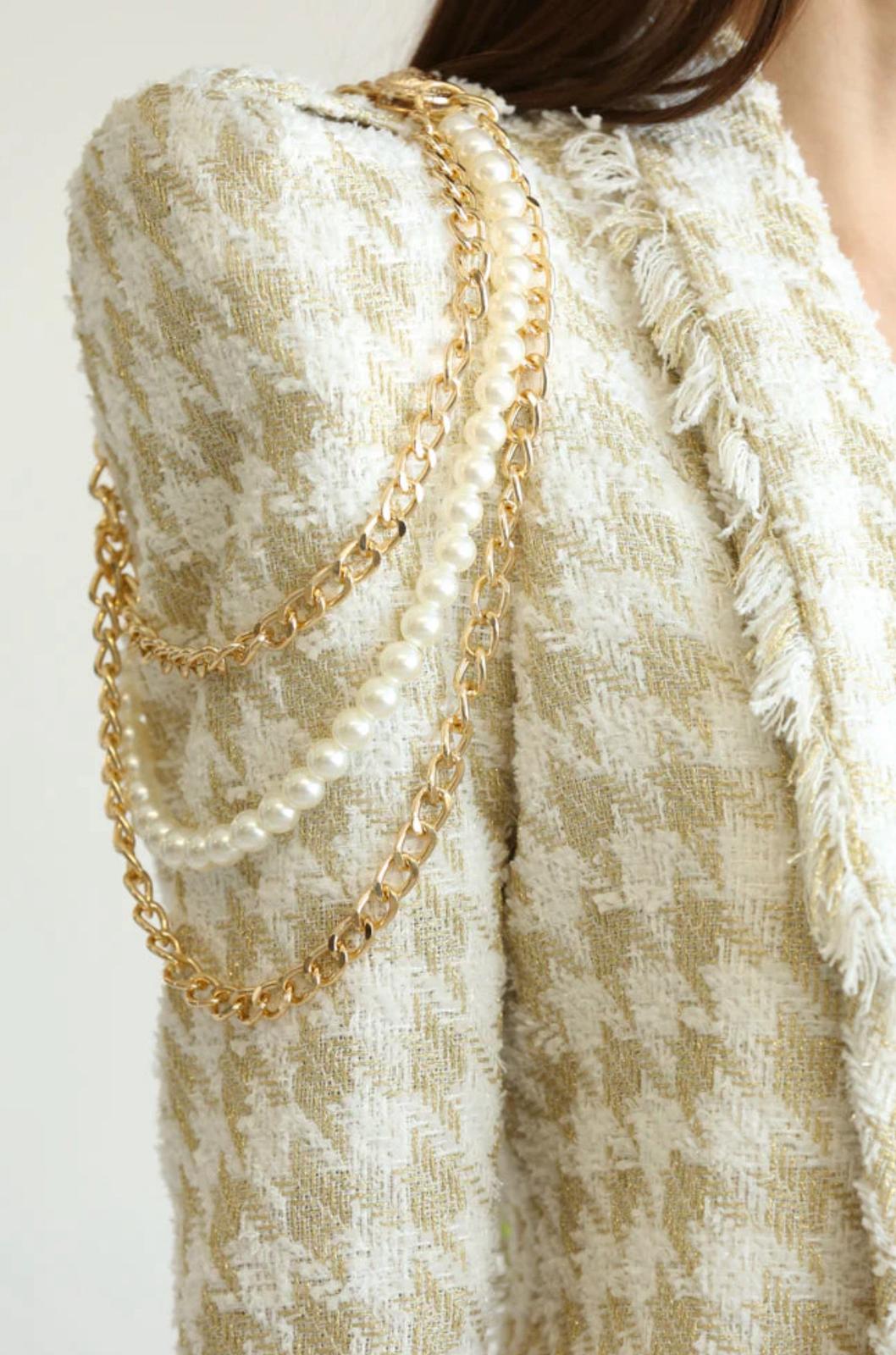 Tweed Chain-Shoulder Cropped Jacket