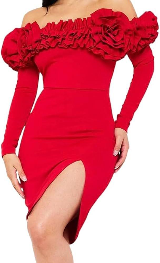 Red Off-Shoulder Ruffle Slit Dress