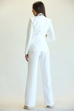 Two Piece Tailored Animal Print Contrast Pant Suit - White