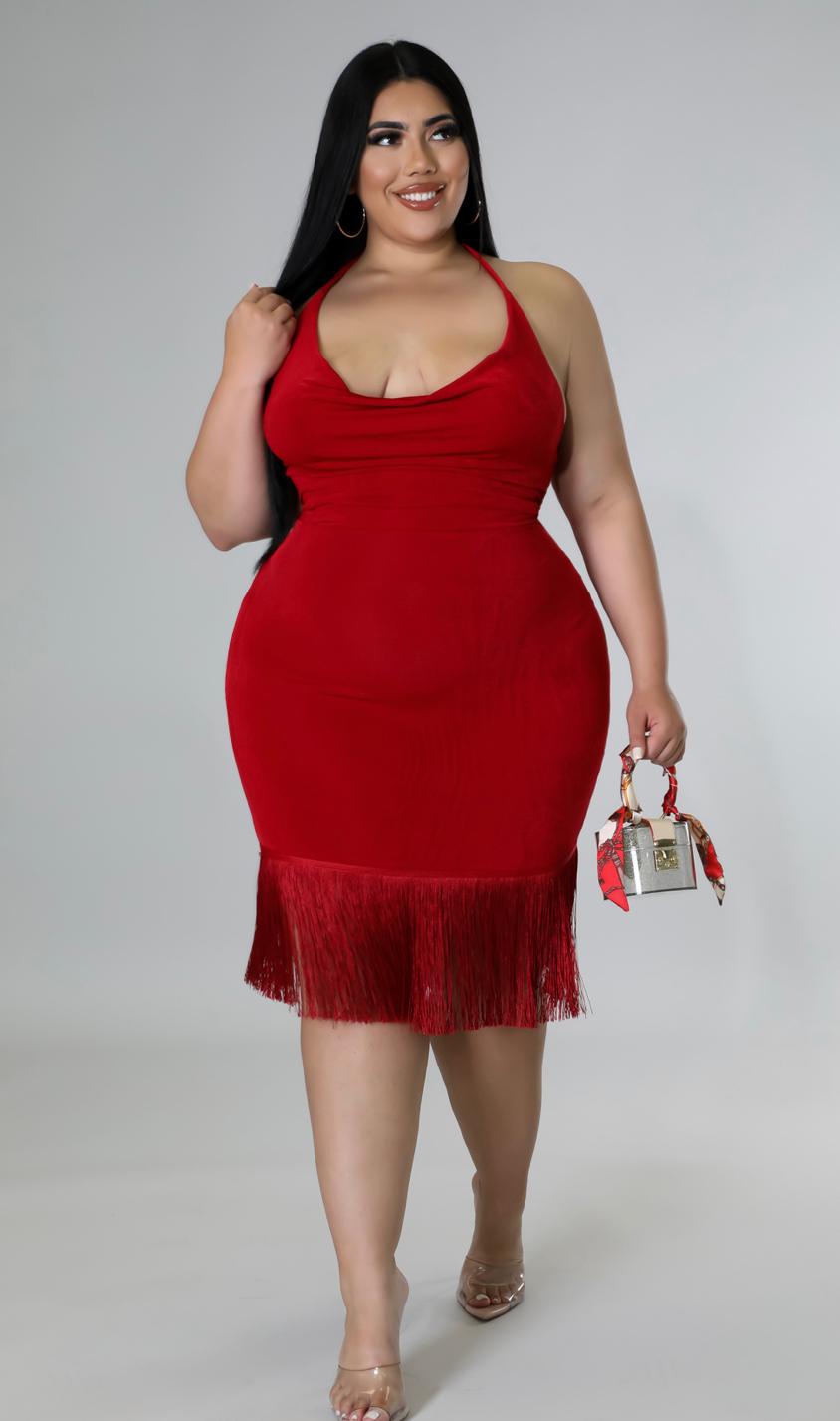 Red Halter Fringe Bodycon Dress