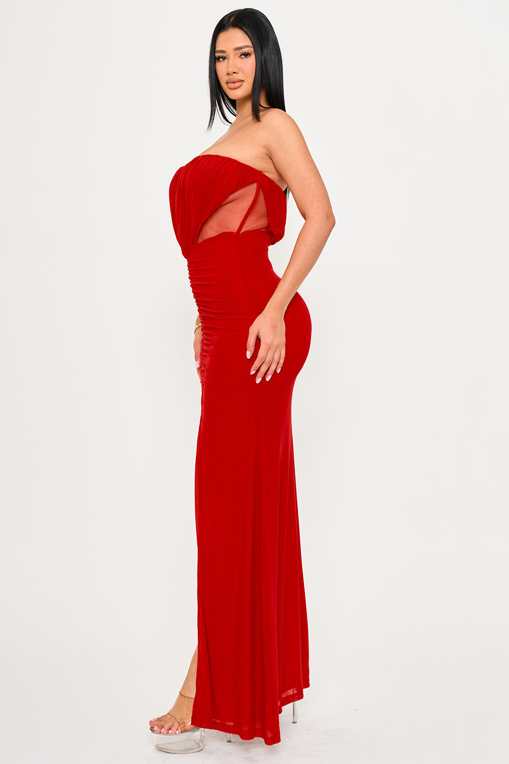 Red Strapless Ruched Maxi Dress