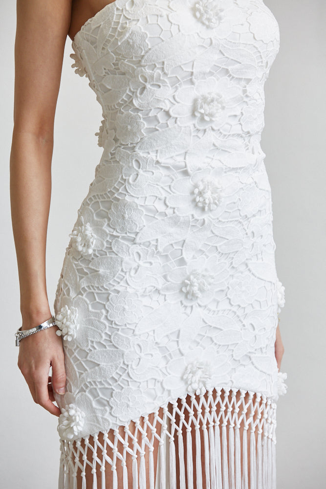 White Dream Fringe Dress
Luxe Lace Tassel Gown