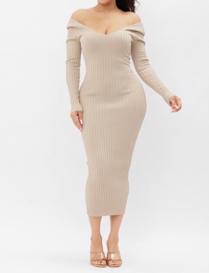 Ribbed Off-Shoulder Midi Dress